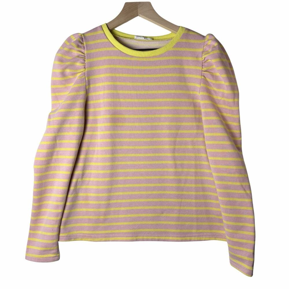 AnnieWear Los Angeles Striped Pullover Top Puff Sleeve Tan Yellow Stripe Women S